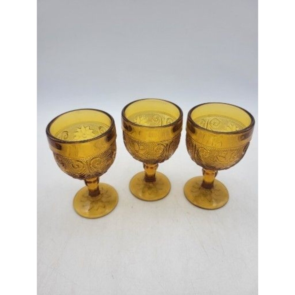 SET OF 3 INDIANA GLASS TIARA PATTERN AMBER SMALL WINE CORDIAL 4” GOBLETS 3oz